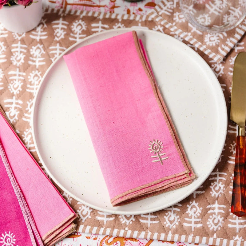 Linen Napkins, Hot Pink + Khaki (Set of 4)